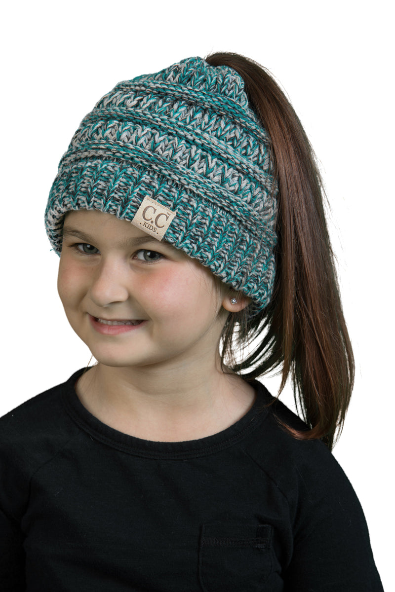 C.C. Kid's BeanieTail Ponytail Cable Knit Beanie - 4 Tone