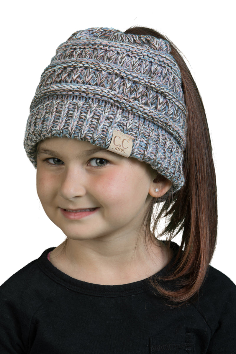 C.C. Kid's BeanieTail Ponytail Cable Knit Beanie - 4 Tone