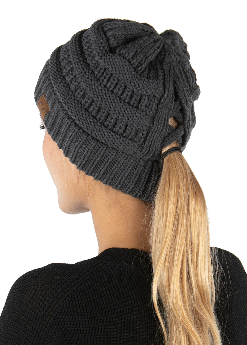 Criss Cross Beanie Tail Messy Bun High Ponytail Knit Cap