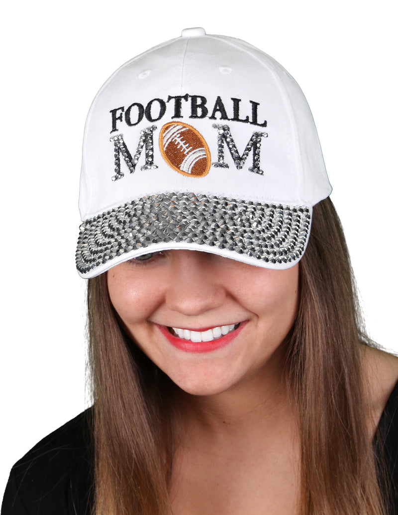 Funky Junque’s Women’s Silver Rhinestone Bill Sports Mom Bling Baseball Cap Hat - Football White