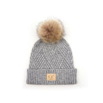 Childrens Knit Pom Beanie Hat: Diagonal Stripes Faux Fur Pom w/ patch