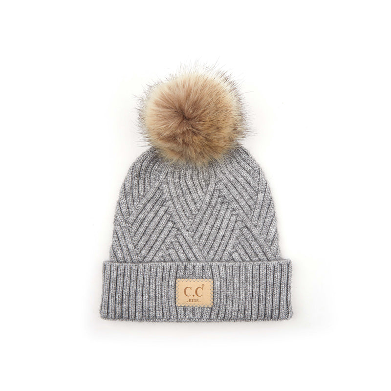 Childrens Knit Pom Beanie Hat: Diagonal Stripes Faux Fur Pom w/ patch
