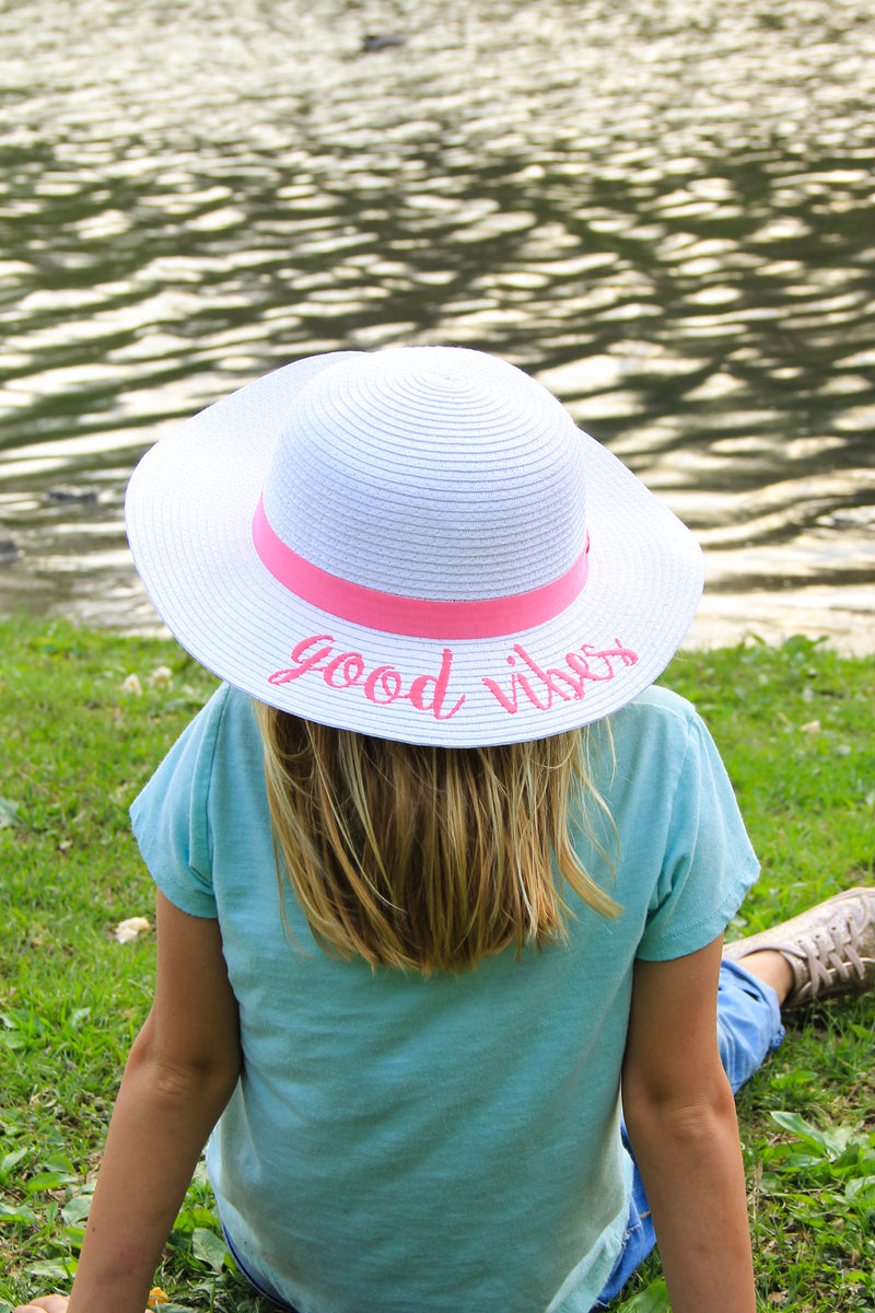 C.C Girls Embroidered Sun Hat - Good Vibes (White)