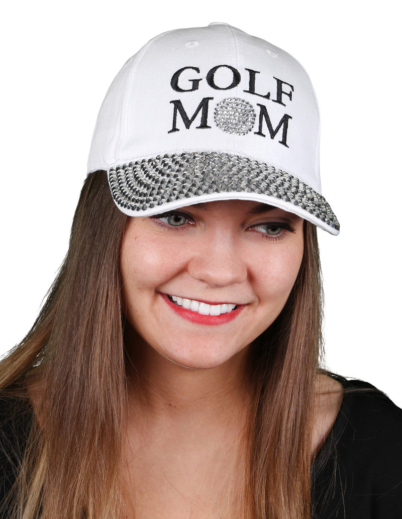 Funky Junque’s Women’s Silver Rhinestone Bill Sports Mom Bling Baseball Cap Hat - Golf White