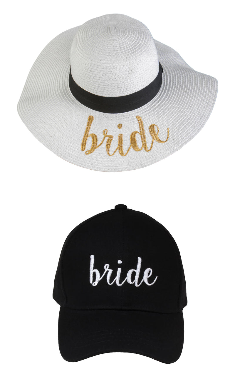 C.C Embroidered Baseball Cap & Sun Hat - Bride (White/Gold Sun Hat with Black Baseball Cap)
