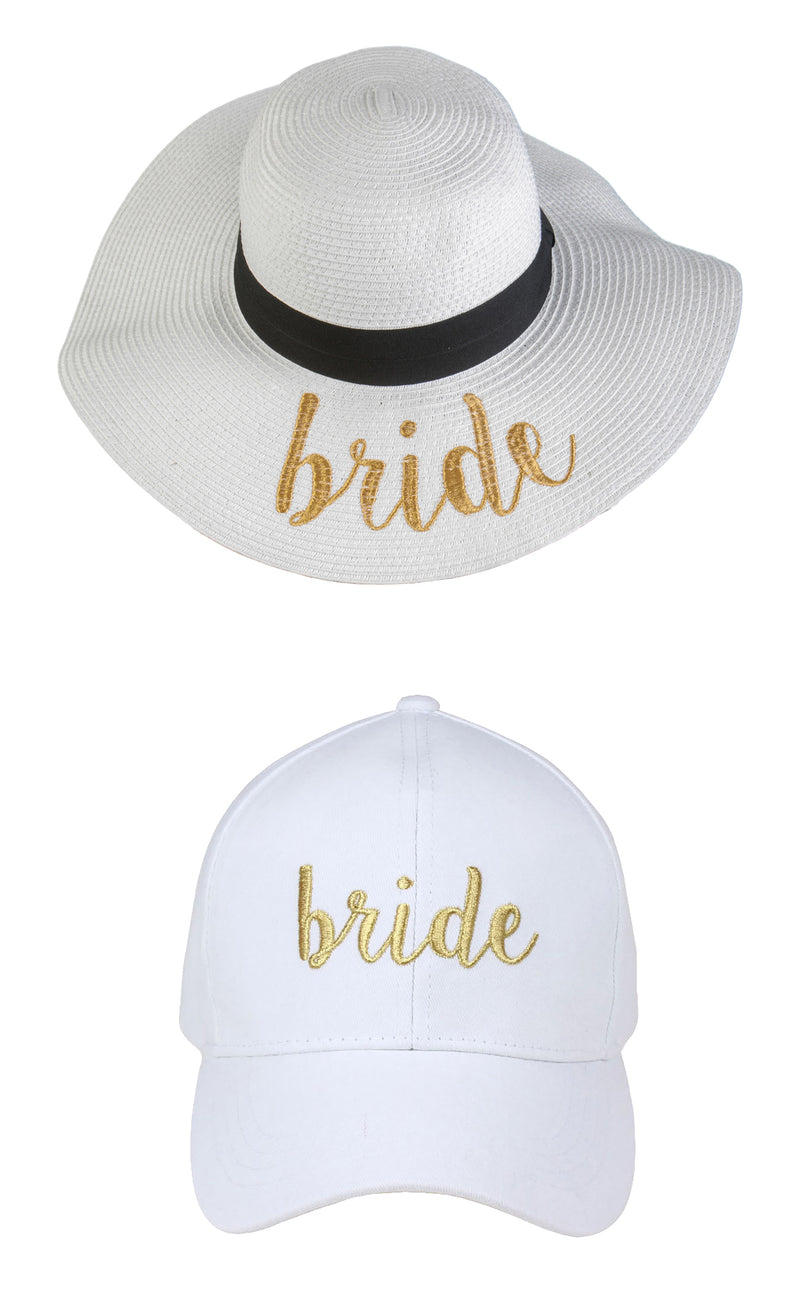 C.C Embroidered Baseball Cap & Sun Hat - Bride (White/Gold Hat Bundle)