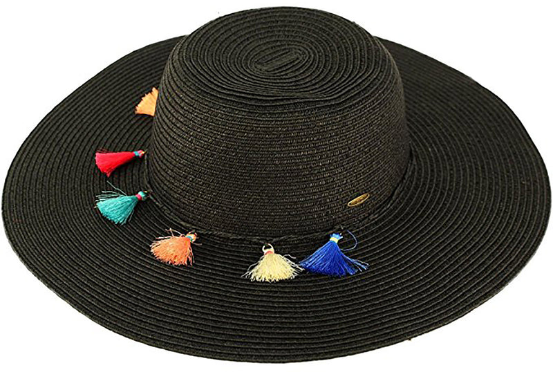 C.C Sun Hat - Black with Multicolored Tassels