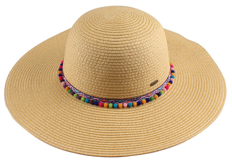 C.C Sun Hat - Multicolored Poms (Natural)
