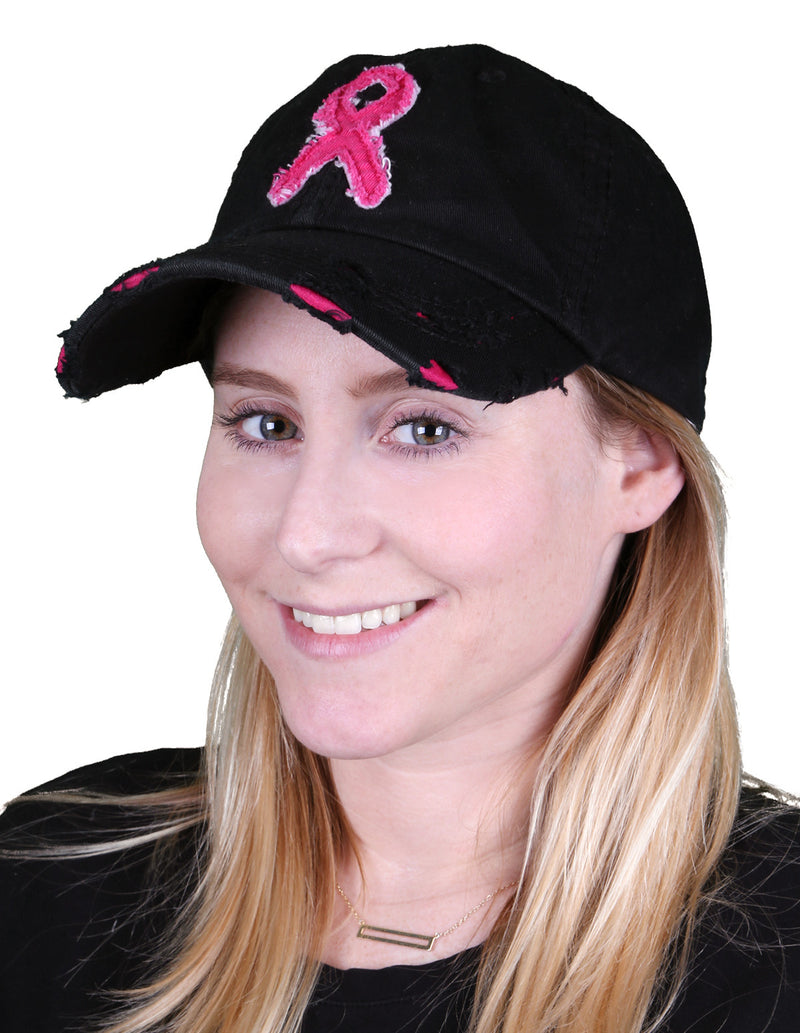 Women’s Breast Cancer Awareness Pink Ribbon Logo Hope Shredded Baseball Hat Cap - Black