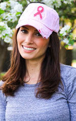 Women’s Breast Cancer Awareness Pink Ribbon Logo Hope Shredded Baseball Hat Cap - Pink