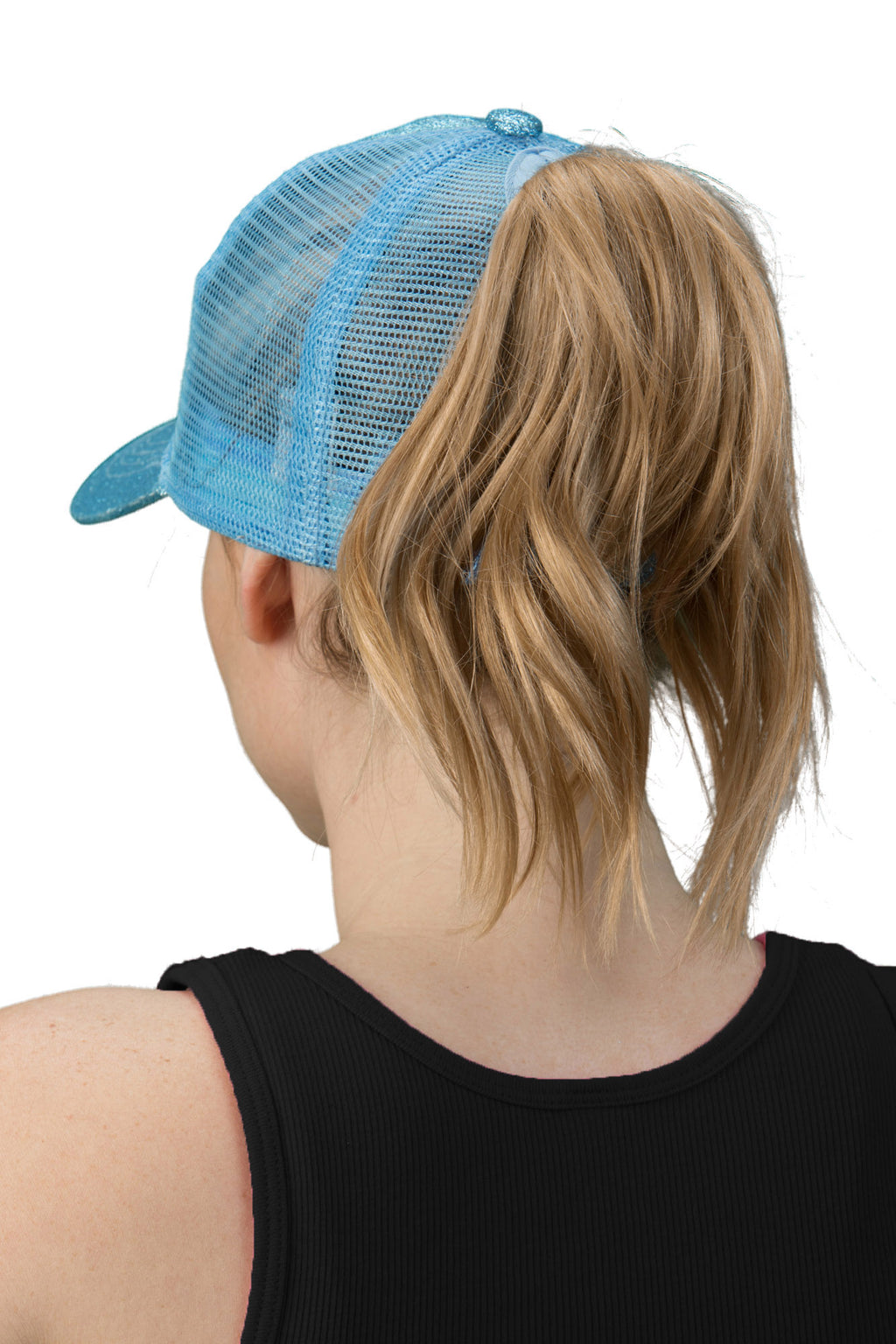 C.C Glitter Ponytail Trucker Hat - Light Blue