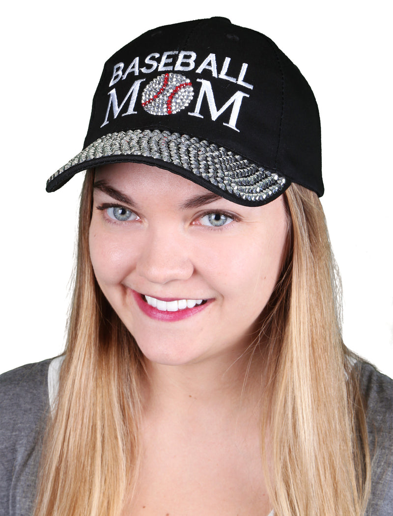 Funky Junque’s Women’s Silver Rhinestone Bill Sports Mom Bling Baseball Cap Hat - Baseball Black