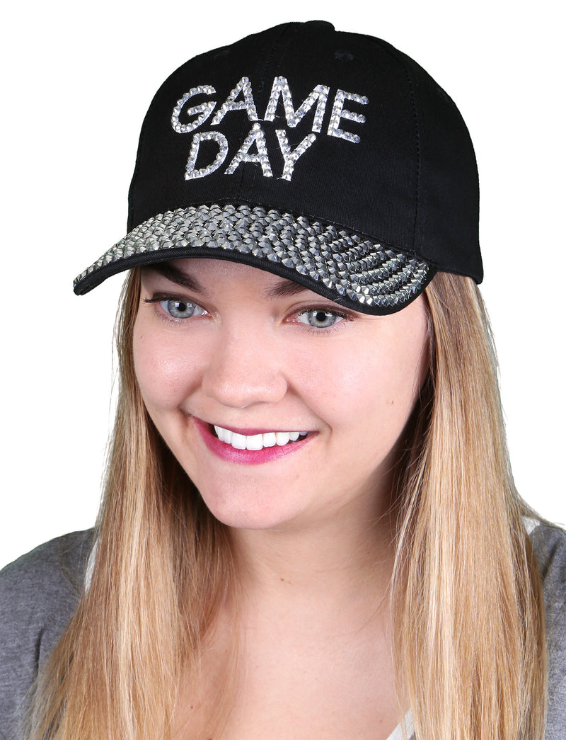 Funky Junque’s Women’s Silver Rhinestone Bill Sports Mom Bling Baseball Cap Hat - Game Day Black