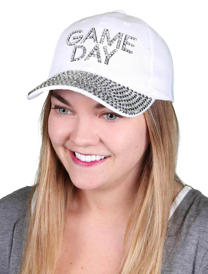 Funky Junque’s Women’s Silver Rhinestone Bill Sports Mom Bling Baseball Cap Hat - Game Day White