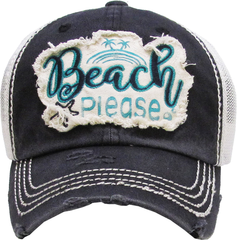 Distressed Patch Baseball Cap - Beach Please (Black)