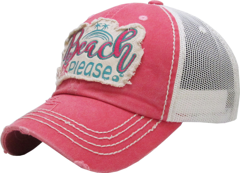 Distressed Patch Baseball Cap - Beach Please (Coral)