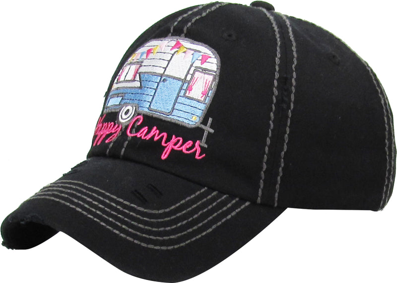 Distressed Patch Baseball Cap - Happy Camper (Black)