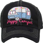 Distressed Patch Baseball Cap - Happy Camper (Black)
