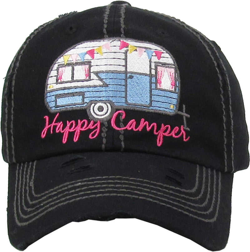 Distressed Patch Baseball Cap - Happy Camper (Black)