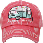 Distressed Patch Baseball Cap - Happy Camper (Coral)