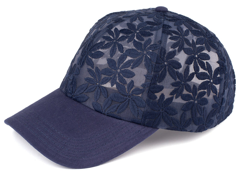 Funky Junque’s Womens Sheer Daisy Stitching Floral Print Velcro Baseball Cap Hat - Navy