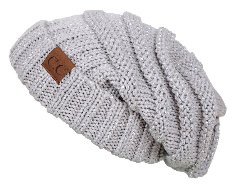 C.C. Oversized Slouchy Fit Cable Knit Beanie - Metallic