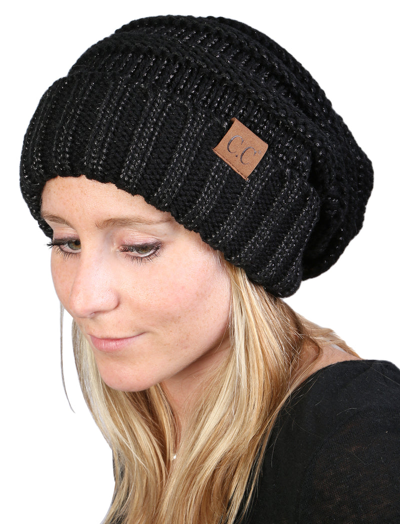 C.C. Oversized Slouchy Fit Cable Knit Beanie - Metallic
