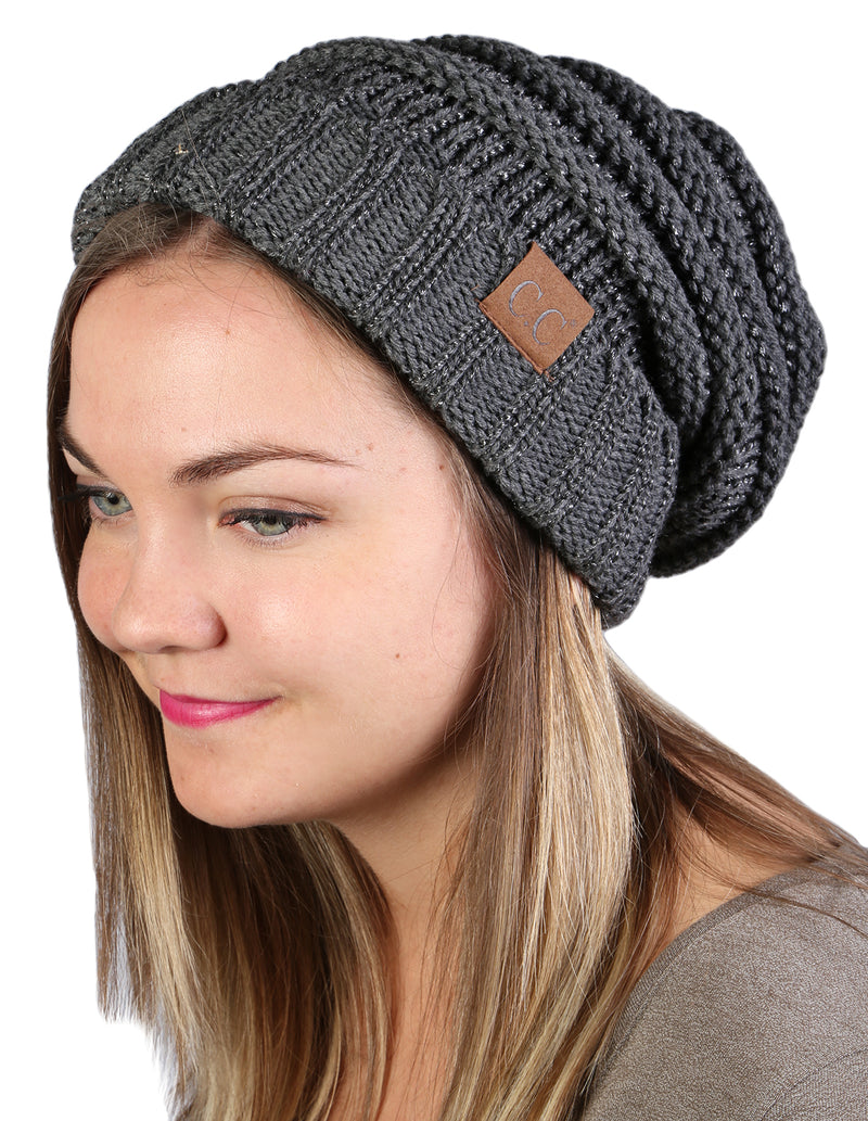 C.C. Oversized Slouchy Fit Cable Knit Beanie - Metallic