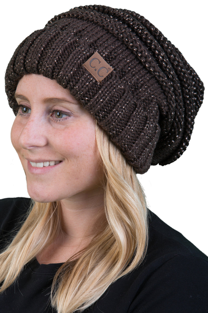 C.C. Oversized Slouchy Fit Cable Knit Beanie - Metallic