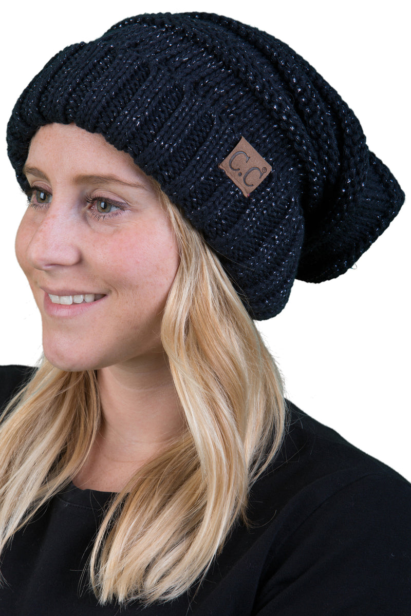 C.C. Oversized Slouchy Fit Cable Knit Beanie - Metallic
