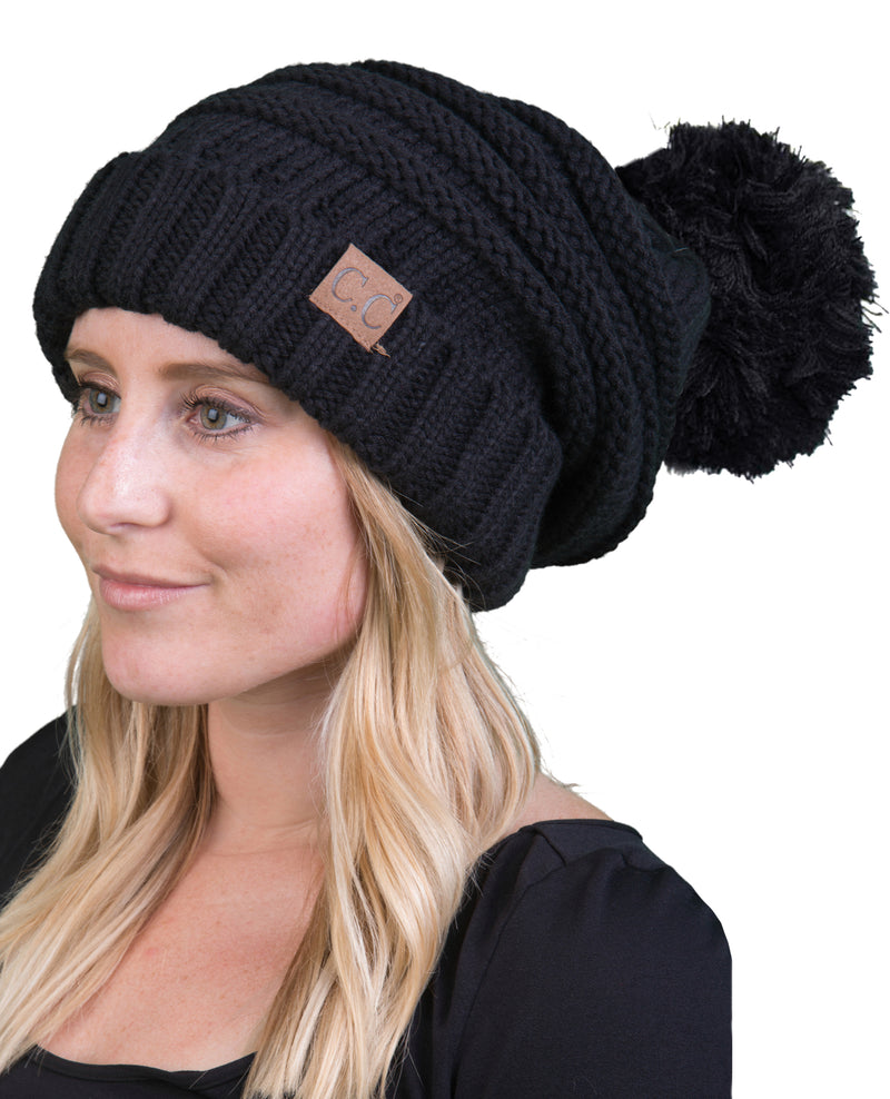 C.C. Oversized Slouchy Fit Cable Knit Beanie W/ Pom