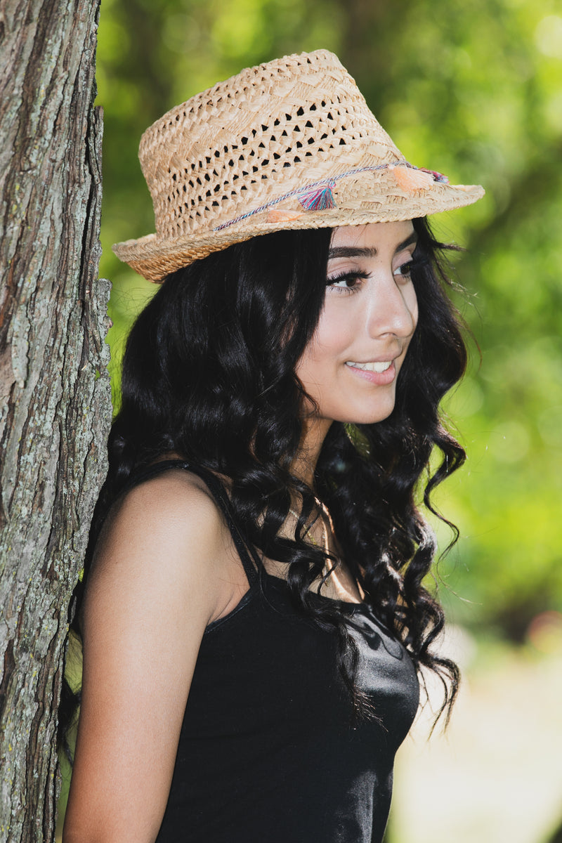 Short Brim Fedora Hat - Natural W/ Tassels