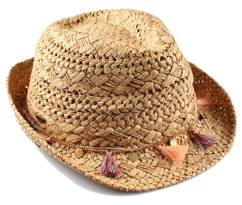 Short Brim Fedora Hat - Natural W/ Tassels