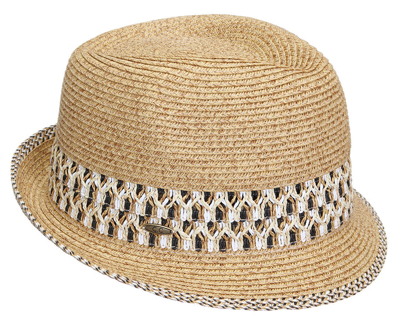 Funky Junque’s UPF50+ Adjustable Multicolor Woven Pattern Short Brim Fedora Hat - Brown