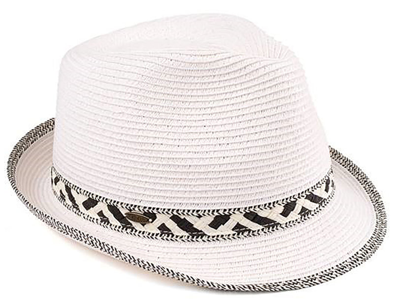 Funky Junque’s UPF50+ Adjustable Multicolor Woven Pattern Short Brim Fedora Hat - White