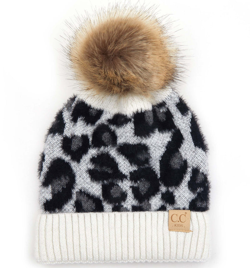 C.C. Kid's Classic Fit Cable Knit Beanie W/ Pom - Leopard