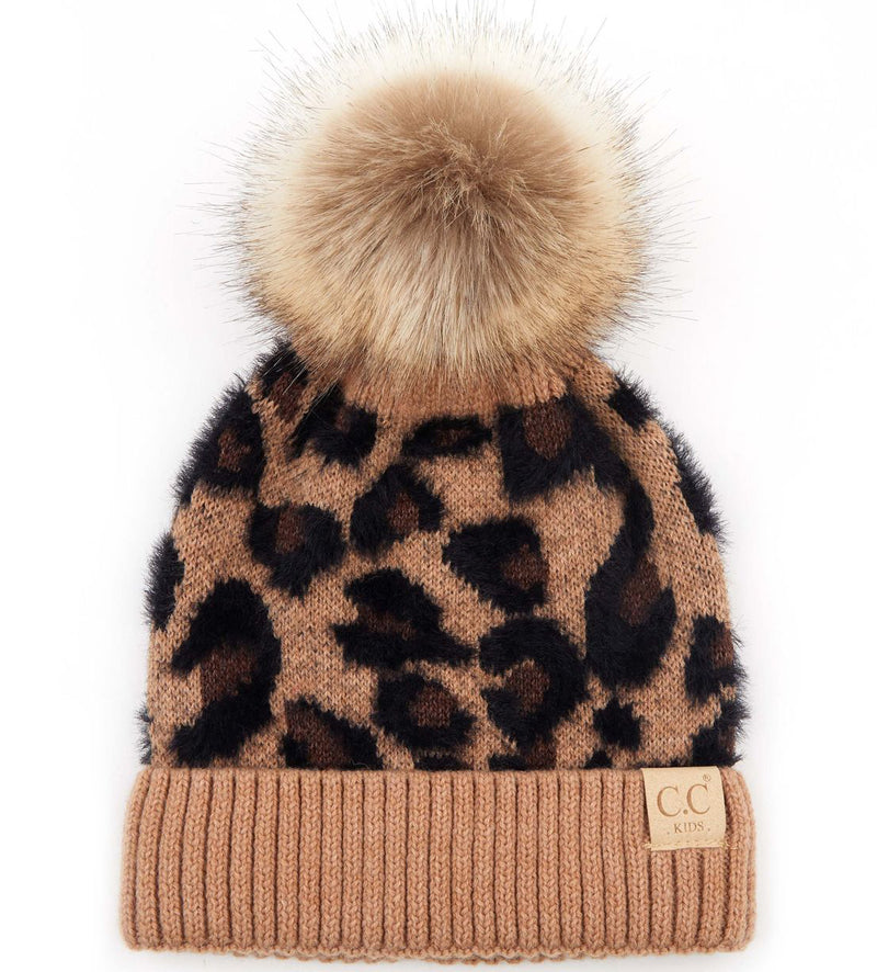 C.C. Kid's Classic Fit Cable Knit Beanie W/ Pom - Leopard