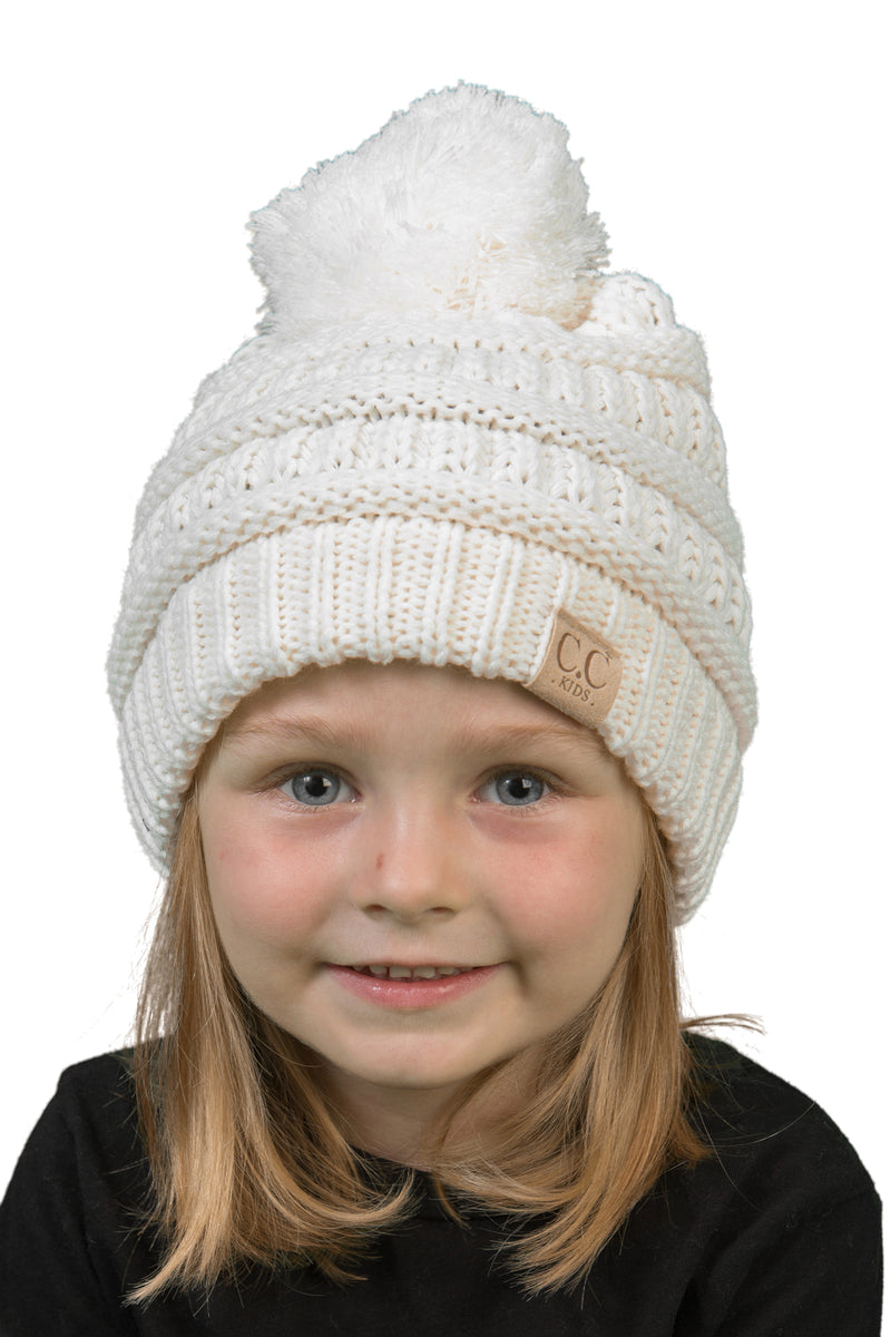 C.C. Kid's Cable Knit Winter Beanie W/ Pom - Solid Colors
