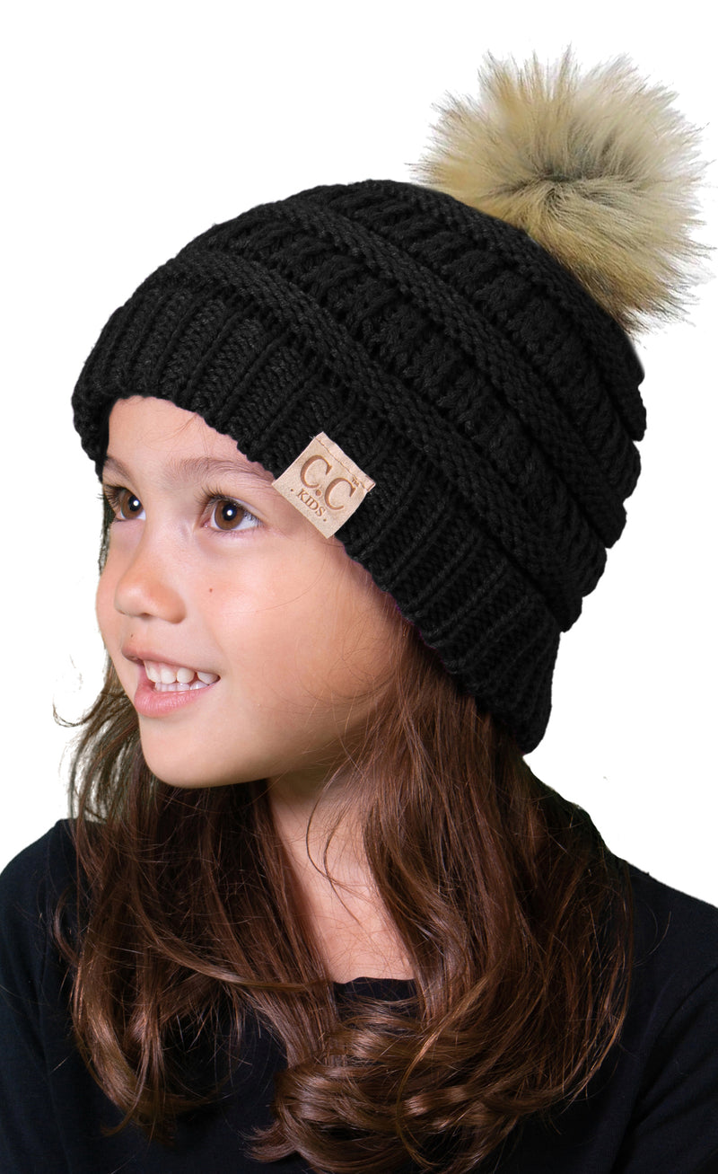 C.C. Kid's Classic Fit Cable Knit Beanie W/ Pom - Faux Fur