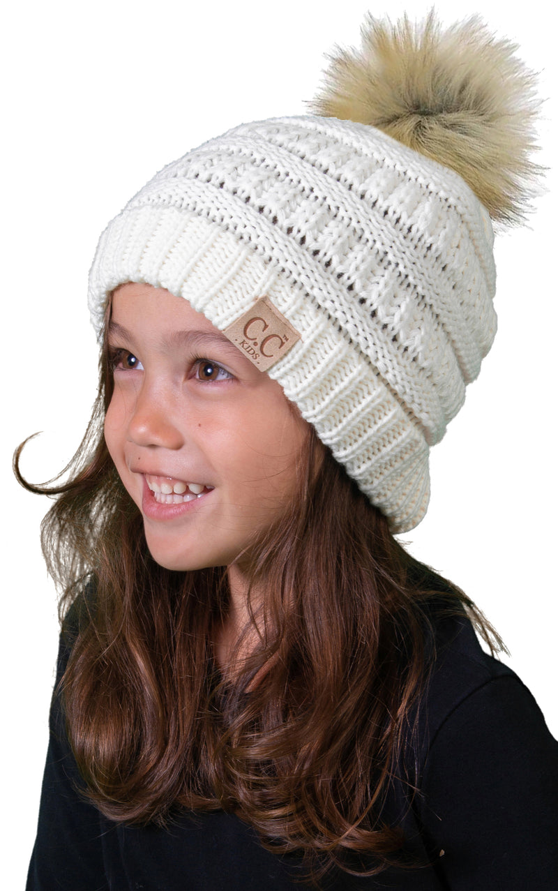 C.C. Kid's Classic Fit Cable Knit Beanie W/ Pom - Faux Fur