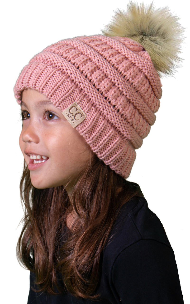 C.C. Kid's Classic Fit Cable Knit Beanie W/ Pom - Faux Fur