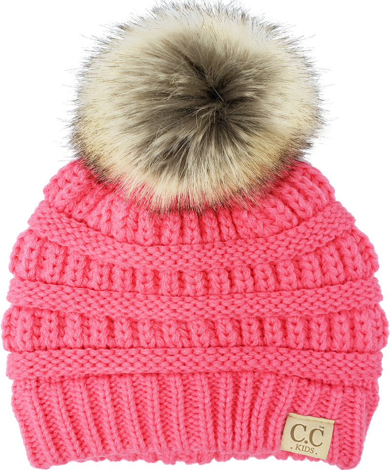 C.C. Kid's Classic Fit Cable Knit Beanie W/ Pom - Faux Fur