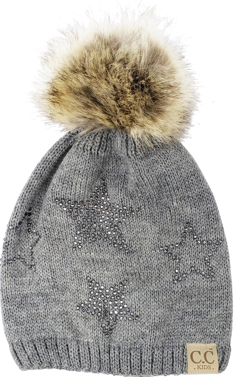 C.C. Kid's Classic Fit Cable Knit Beanie W/ Pom - Faux Fur