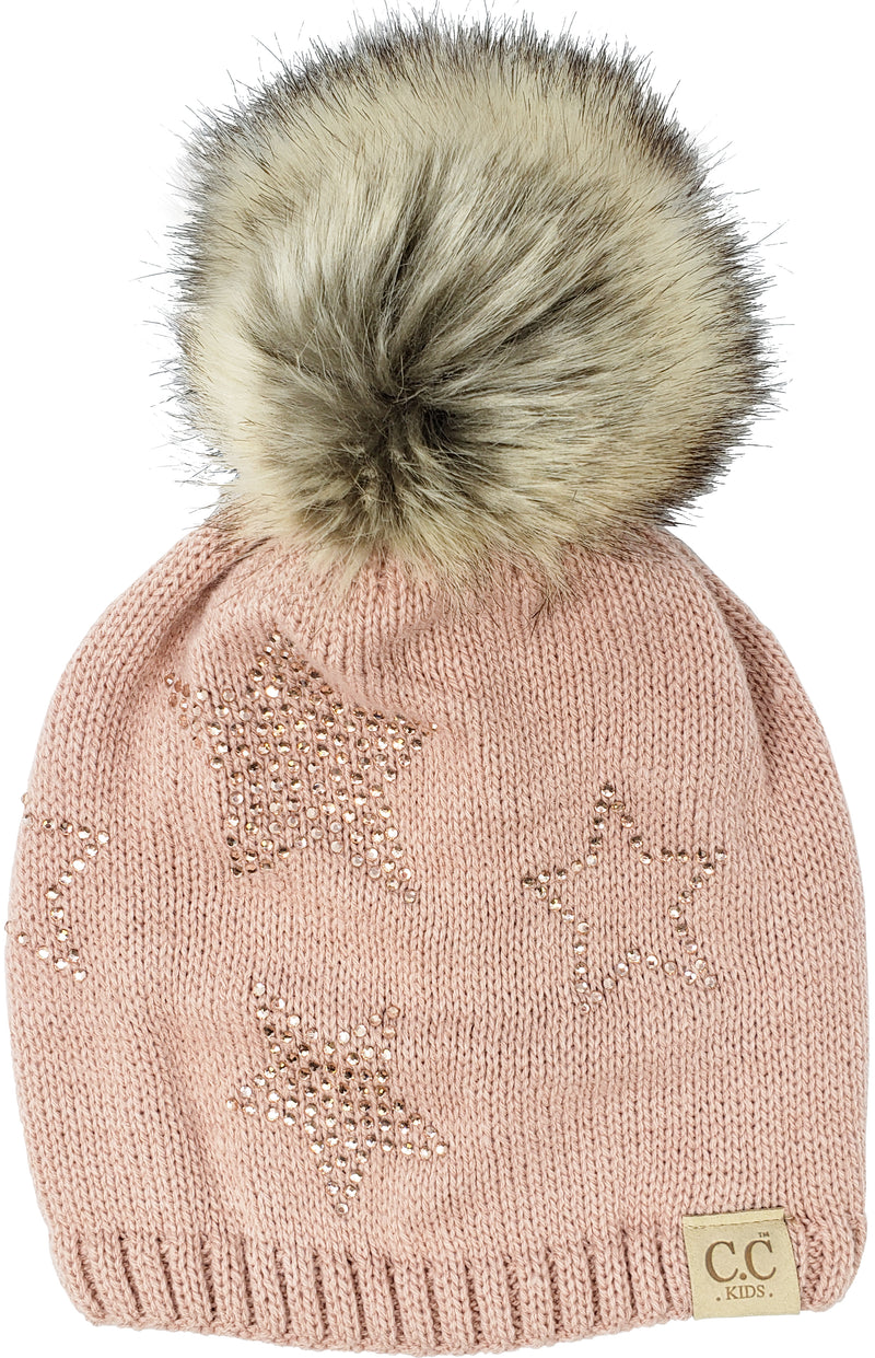 C.C. Kid's Classic Fit Cable Knit Beanie W/ Pom - Faux Fur