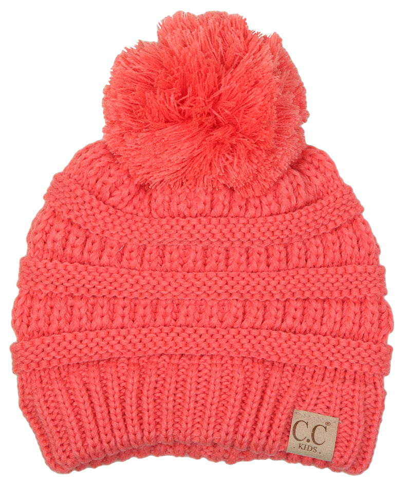 C.C. Kid's Classic Fit Cable Knit Beanie W/ Pom - Solid Colors
