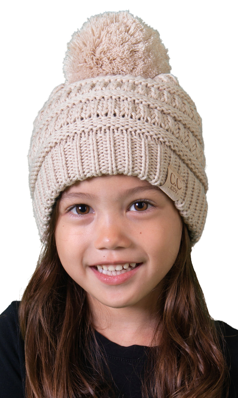 C.C. Kid's Cable Knit Winter Beanie W/ Pom - Solid Colors