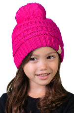 C.C. Kid's Classic Fit Cable Knit Beanie W/ Pom - Neon