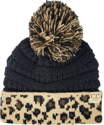 C.C. Kid's Classic Fit Cable Knit Beanie W/ Pom - Leopard