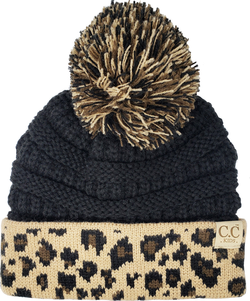 C.C. Kid's Classic Fit Cable Knit Beanie W/ Pom - Leopard