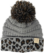 C.C. Kid's Classic Fit Cable Knit Beanie W/ Pom - Leopard